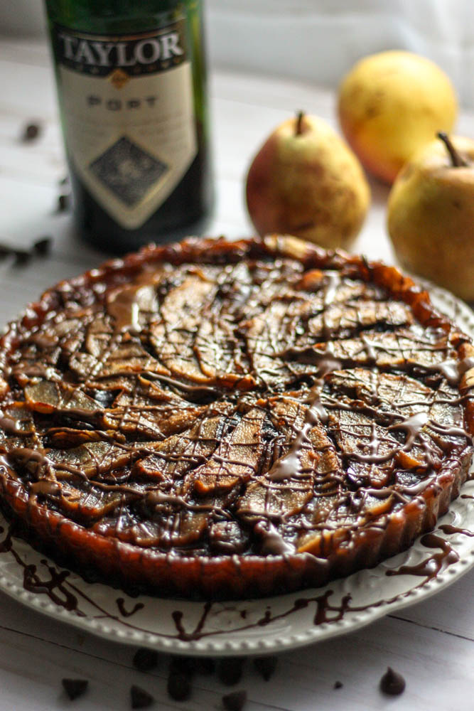 Port Wine Poached Pear & Chocolate Tart