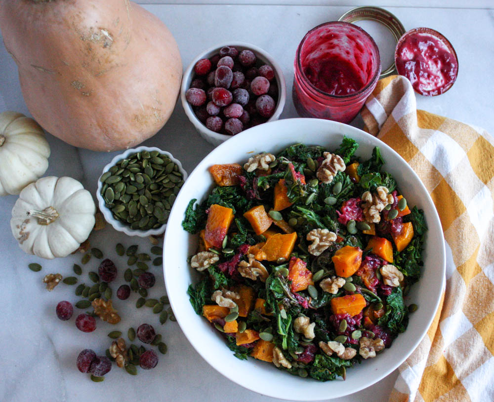 Loaded Kale Salad with Butternut Squash and Cranberry Dressing 