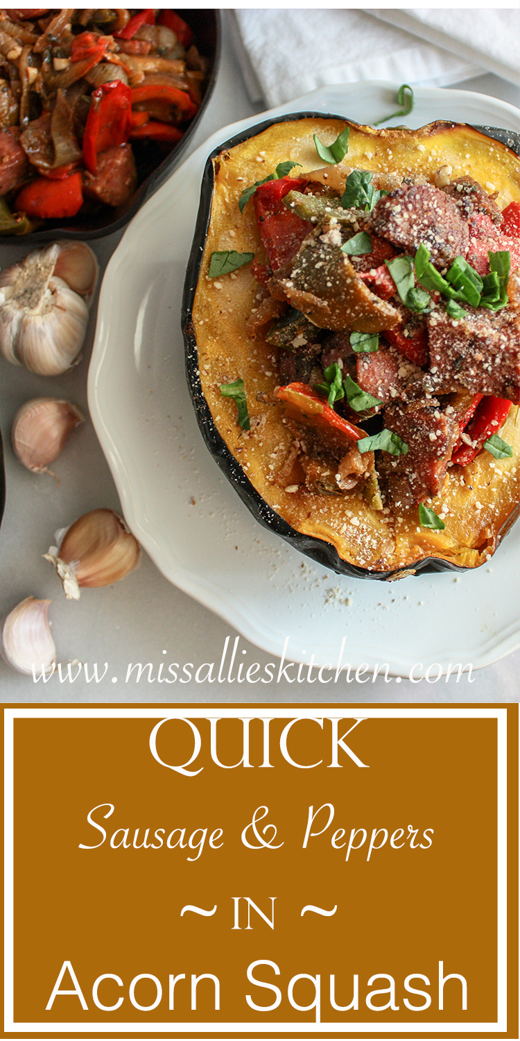 Quick & Easy Sausage and Peppers stuffed into a harvest Acorn Squash - a gluten free & healthy spin on a family favorite 