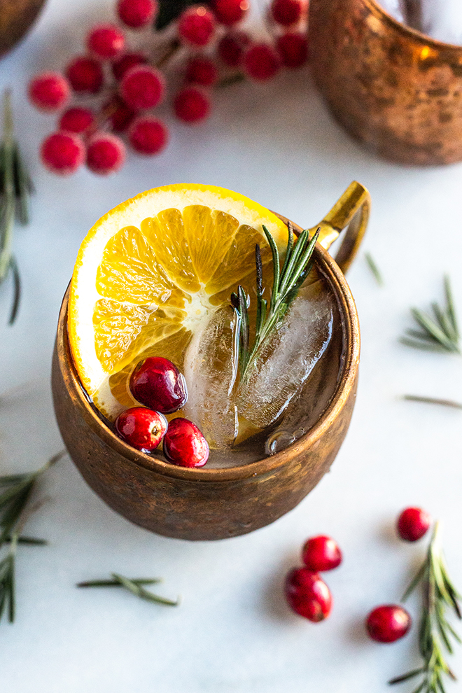 cranberry orange moscow mules in copper mugs