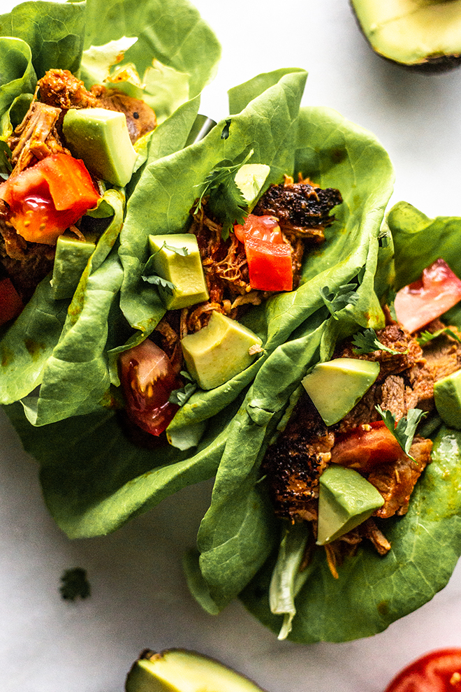 carnitas tacos in lettuce wraps 