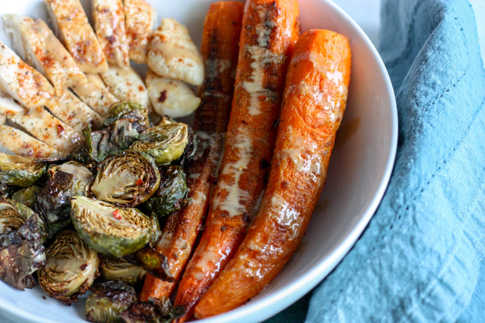 Curried Carrot Power Bowl with Brussels and Chicken 