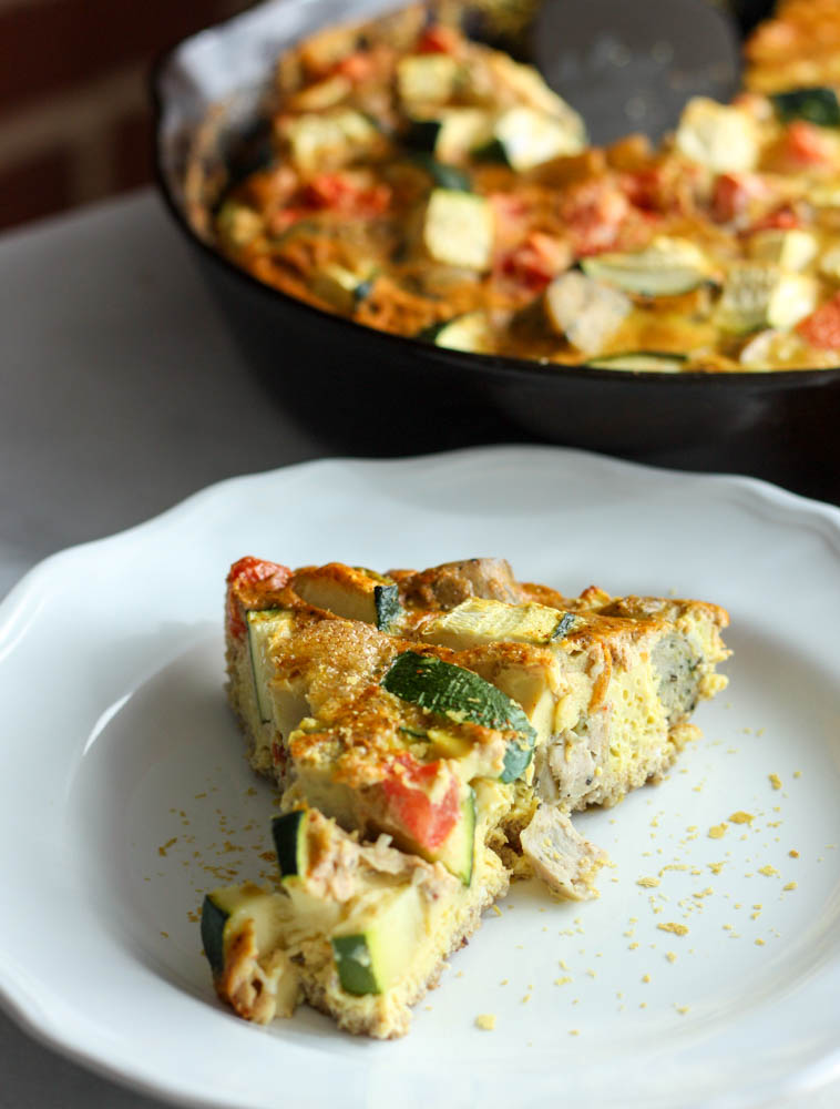 Veggie & Sausage Quiche with "Cheesy" Dairy-Free Crust