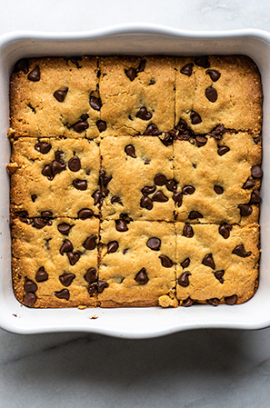 baked cookie bars in a white dish