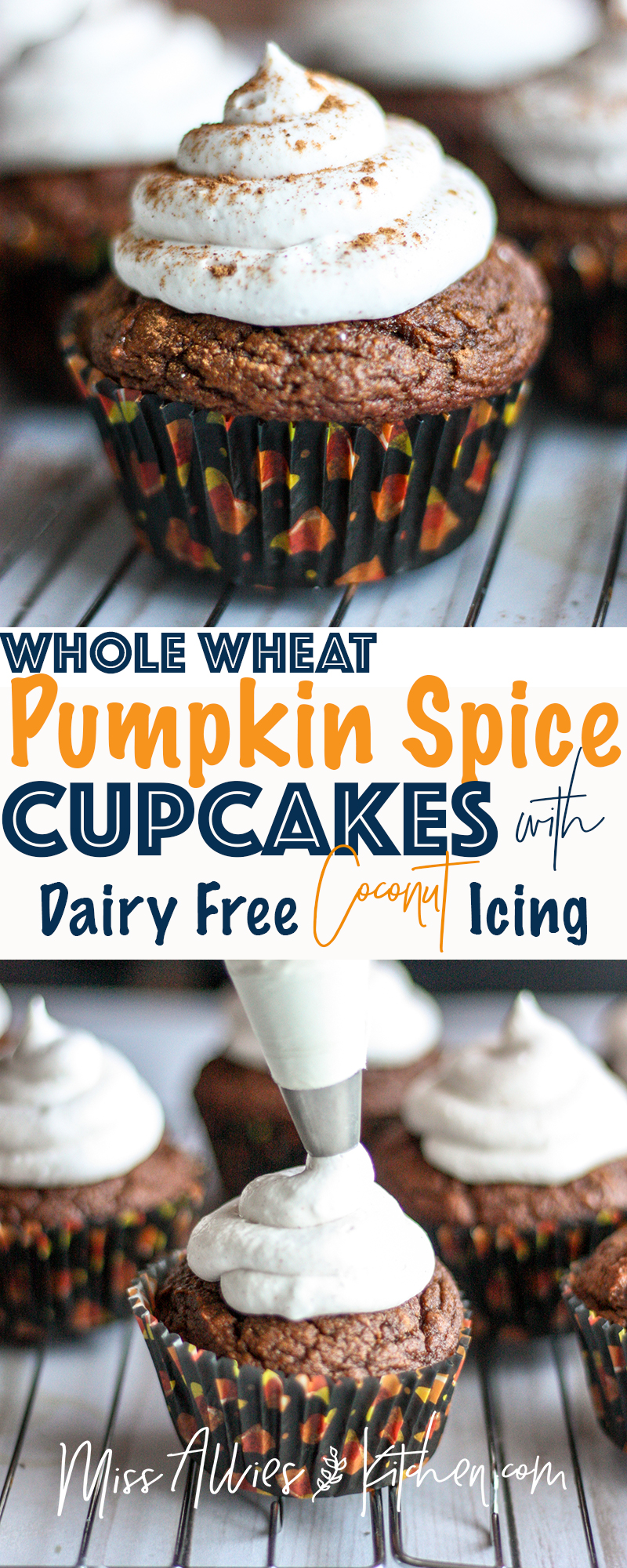 Whole Wheat Pumpkin Spice Cupcakes with Coconut Cream Icing