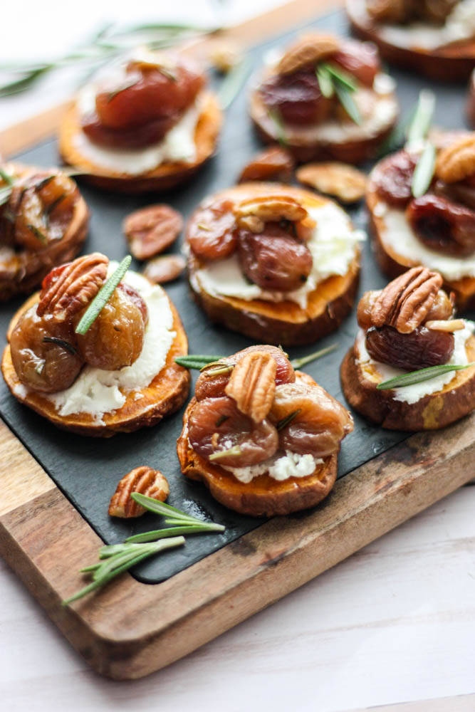 Roasted Grape, Rosemary & Goat Cheese Sweet Potato Melbas