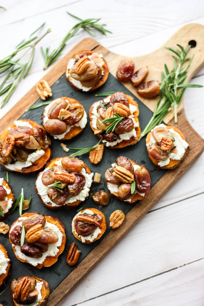 Roasted Grape, Rosemary & Goat Cheese Sweet Potato Melbas