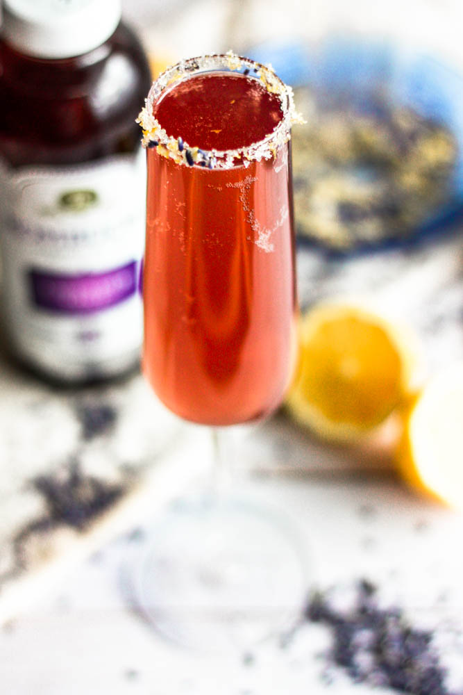 Easy Lavender Lemon Champagne Fizz Cocktails with lemon lavender sugar rim 