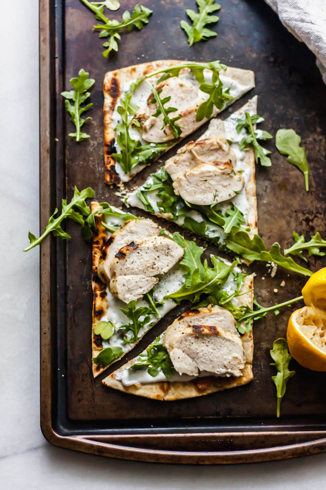 Grilled Lemon Chicken Flatbread with Dill Yogurt Sauce and Arugula