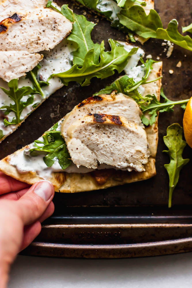 Grilled Lemon Chicken Flatbread with Dill Yogurt Sauce and Arugula