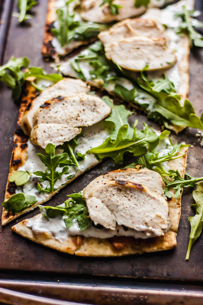 Grilled Lemon Chicken Flatbread with Dill Yogurt Sauce and Arugula