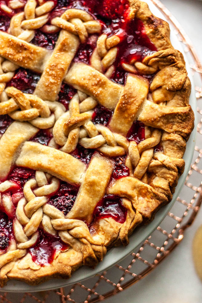 lattice-top pie crust with a berry filling