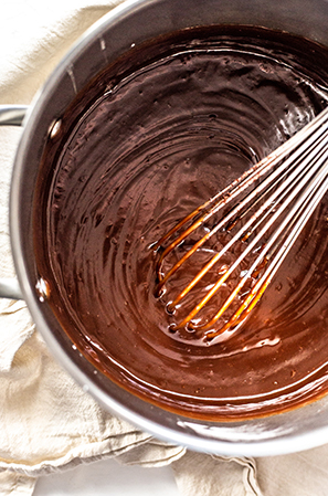 silky chocolate pie filling in a saucepan 