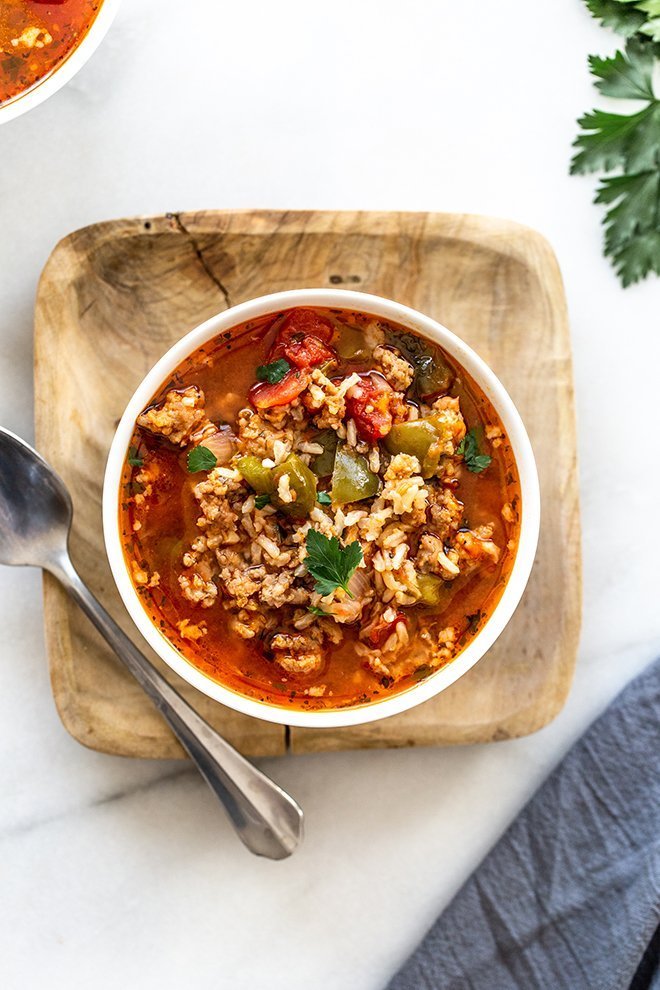 All of your favorite ingredients in sausage and rice stuffed peppers in soup form. This easy, one-pot recipe is a breeze to make, hearty, and delicious.