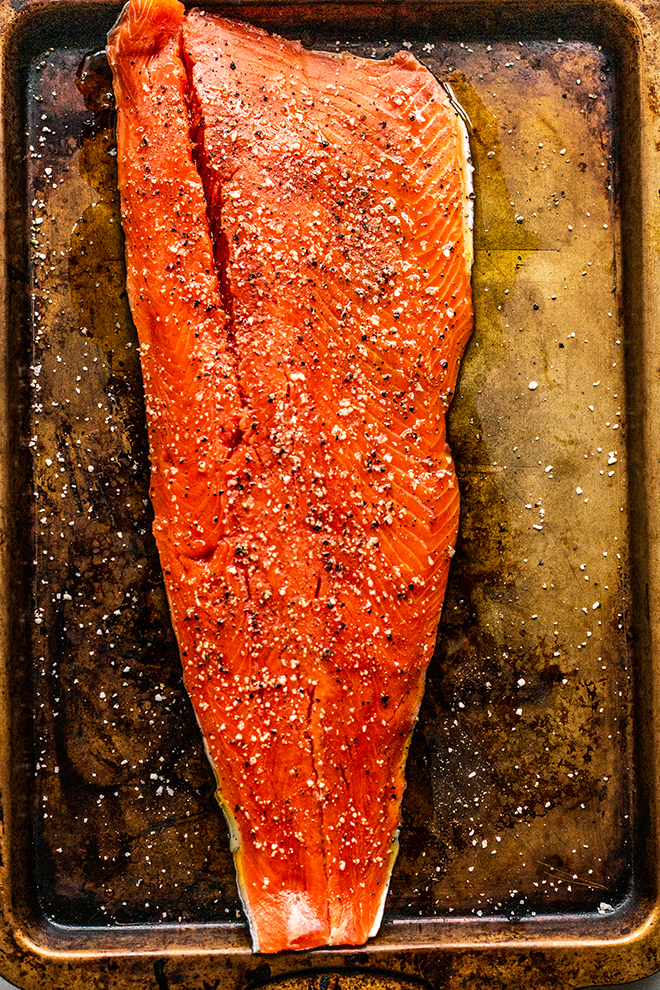 beautiful salmon on a sheet pan 