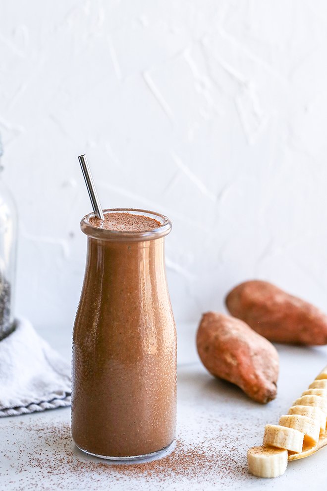 This healthy mocha smoothie is packed with good for you ingredients like sweet potato, banana, Greek yogurt, and chia seeds, plus, it packs a caffeine punch!