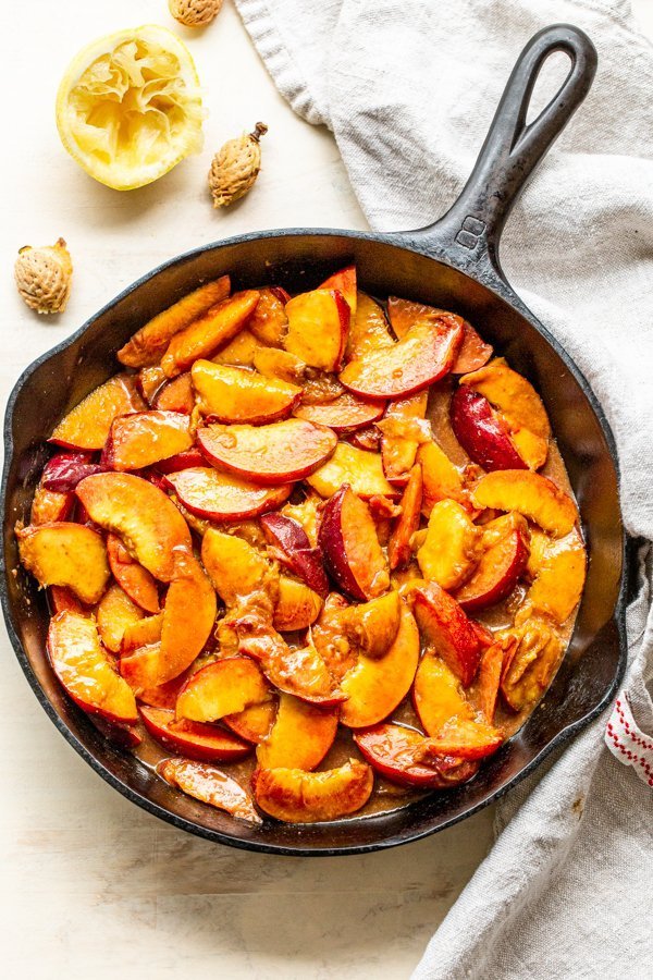 peaches sliced in a skillet