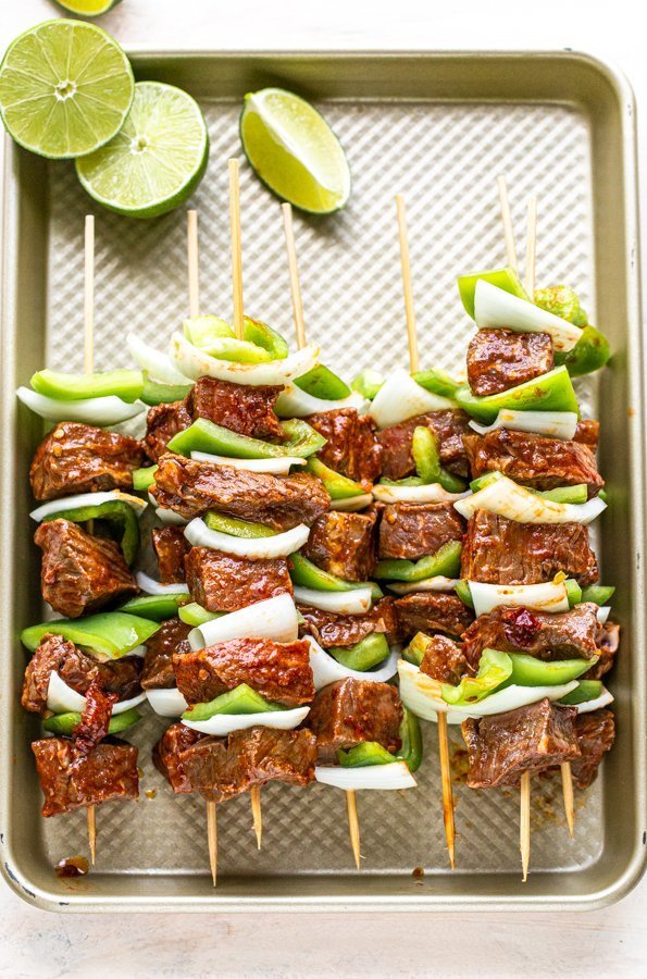 chipotle steak kabobs on a sheet pan ready for the groll