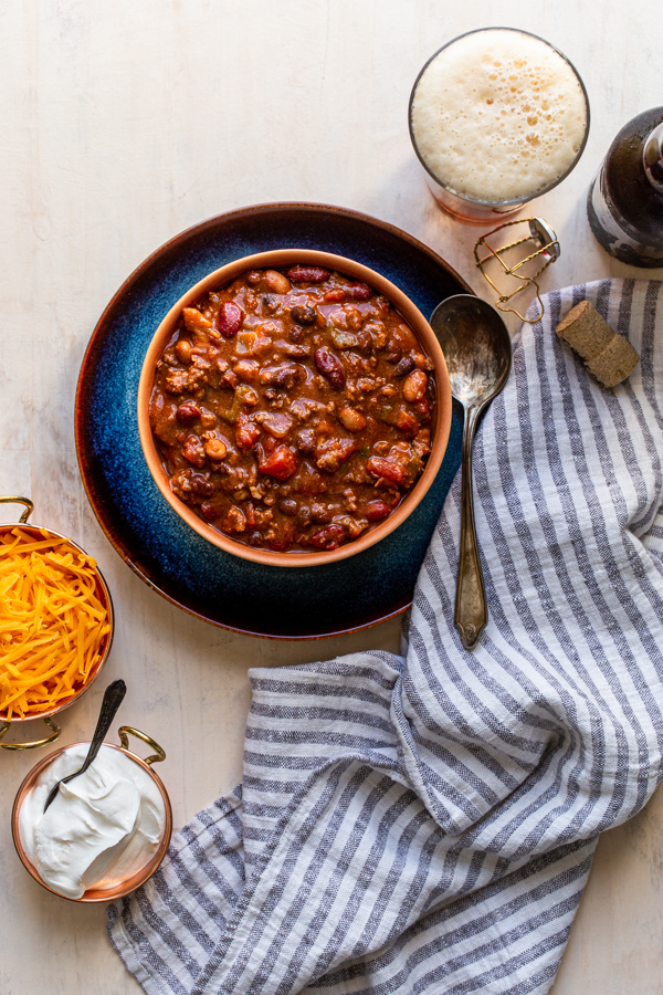 beer chili in an orange bowl