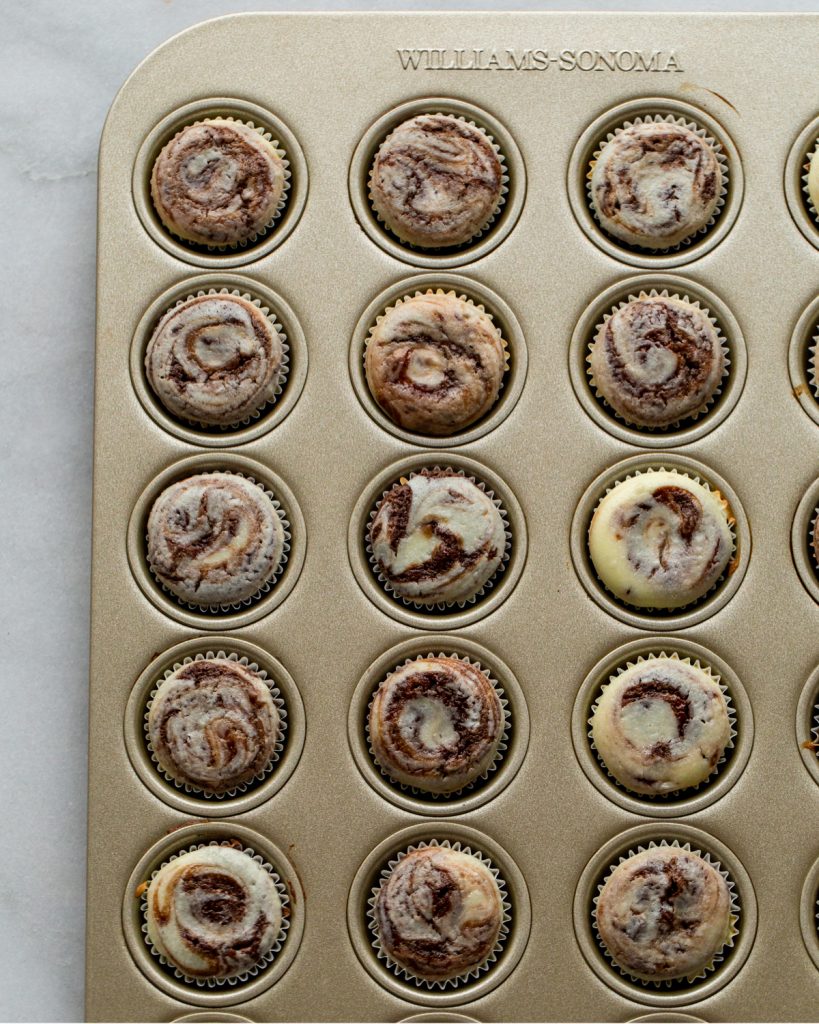brownie cheesecake bites in mini muffin tins
