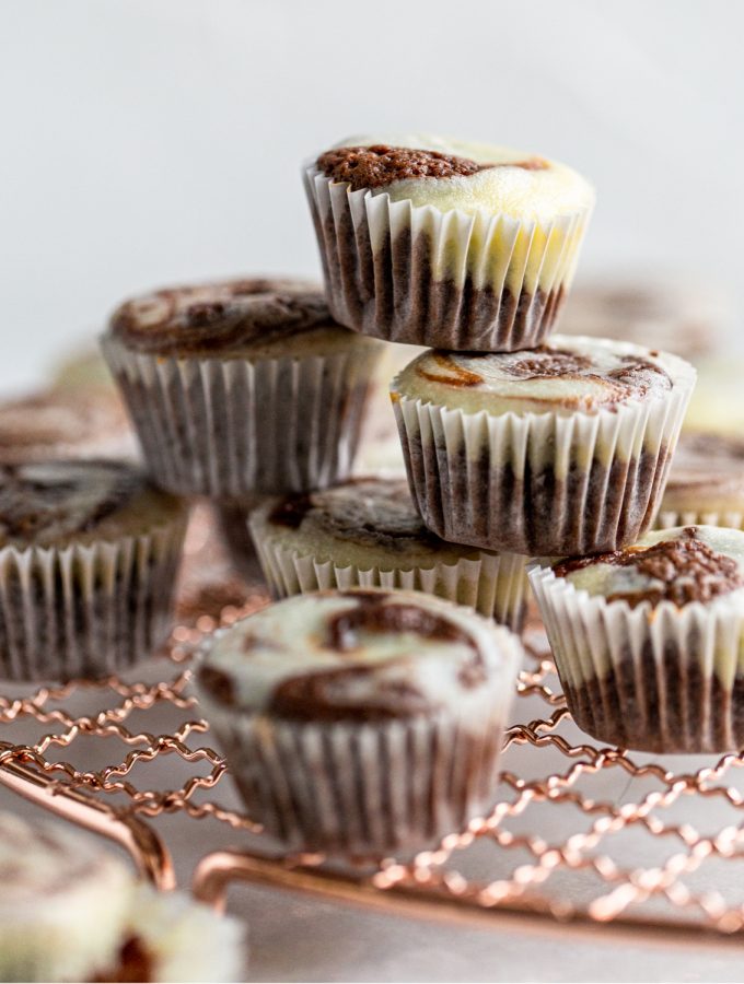 brownie cheesecake bites stacked