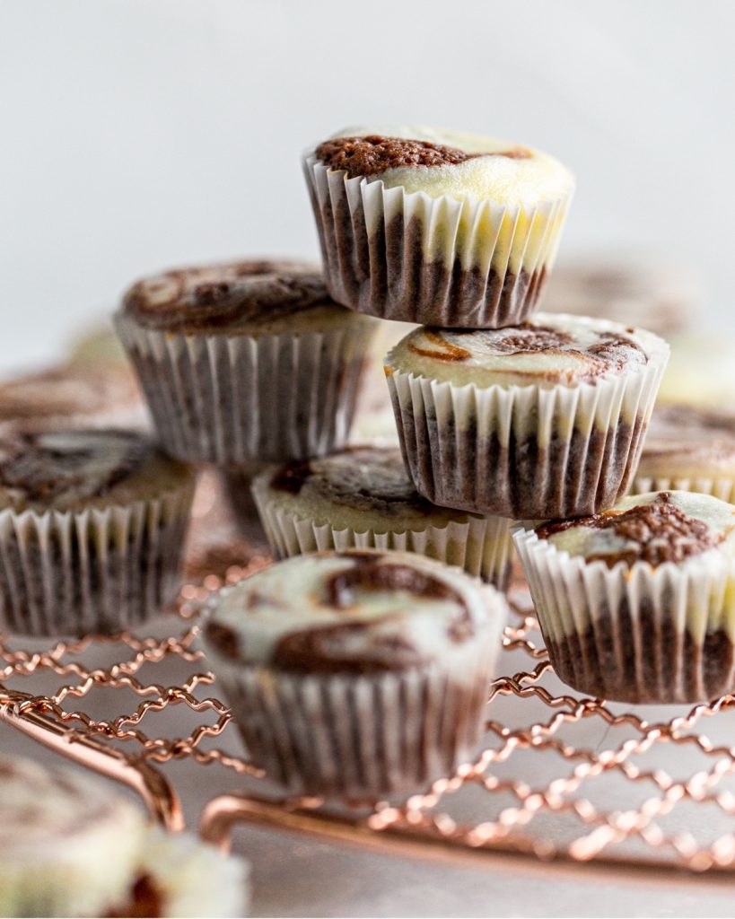 brownie cheesecake bites stacked 