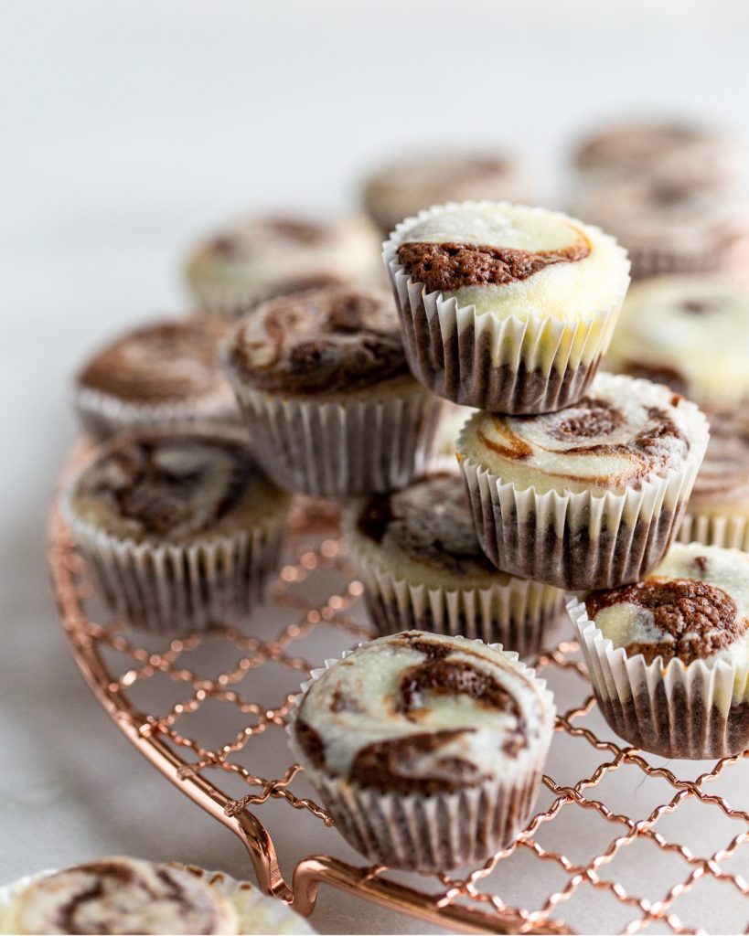 brownie cheesecake bites stacked