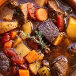 venison stew in a terra-cotta bowl with a thyme leaf