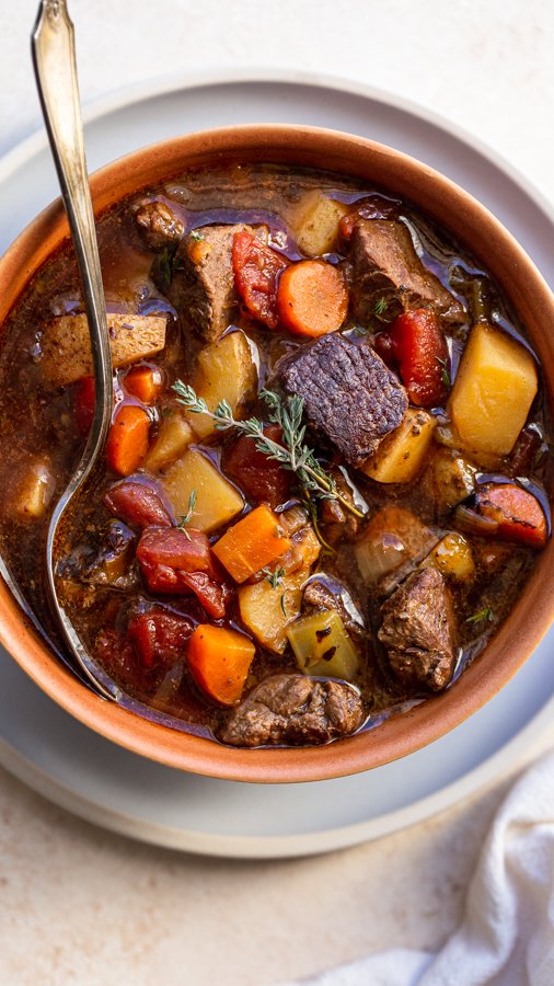 venison stew in a terra-cotta bowl with a thyme leaf