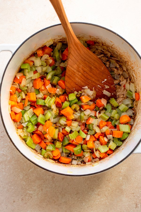 onion, carrot and celery in a pot