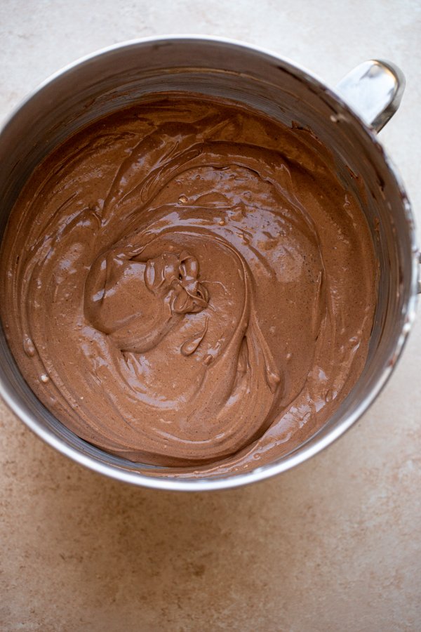chocolate batter in a metal mixing bowl