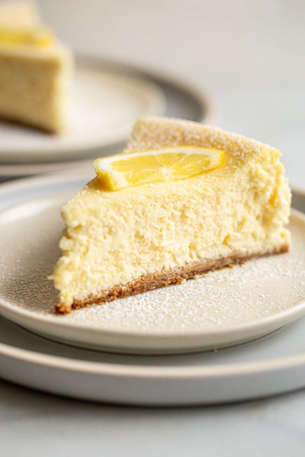 Italian Lemon Cheesecake slide on white plates