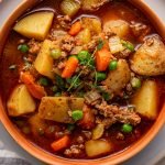 shepherd's pie soup in a terra-cotta bowl on a blue plate with a striped napkin