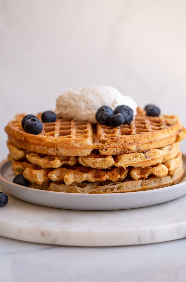 sourdough waffles with Greek yogurt and blueberries