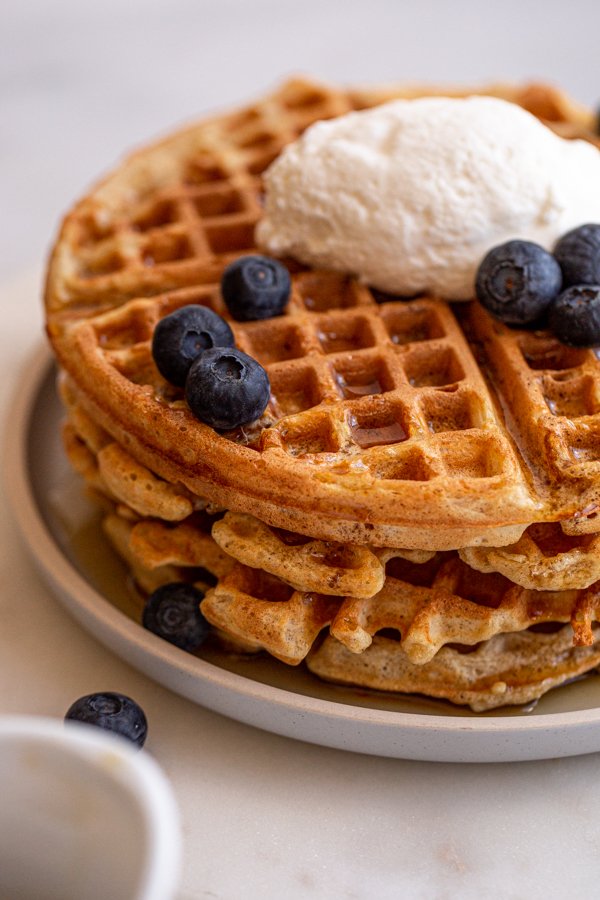 sourdough waffles with Greek yogurt and blueberries