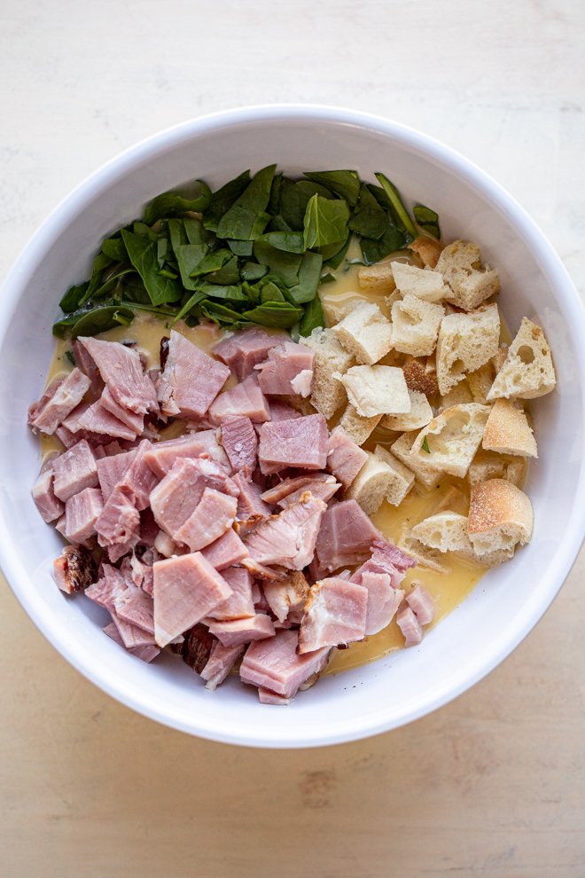 ham, spinach, english muffins and eggs in a bowl