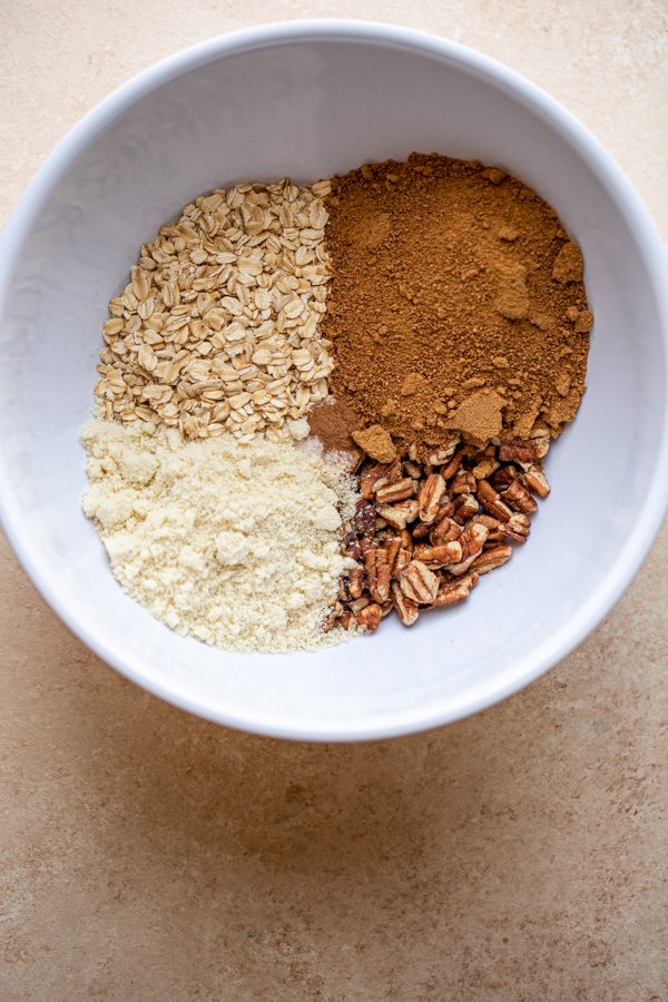 crisp topping dry ingredients in a white bowl