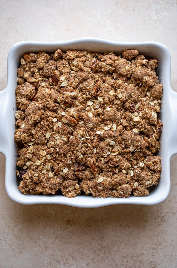 unbaked crisp in a square dish