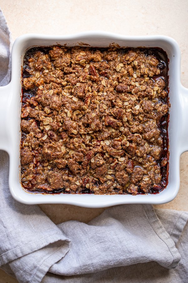 baked crisp in a square dish