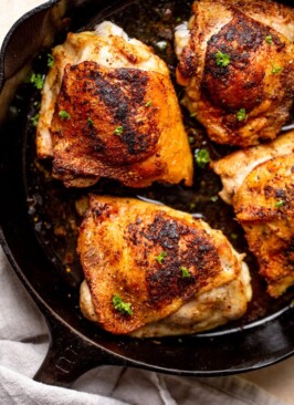 pan roasted chicken thighs in a pan