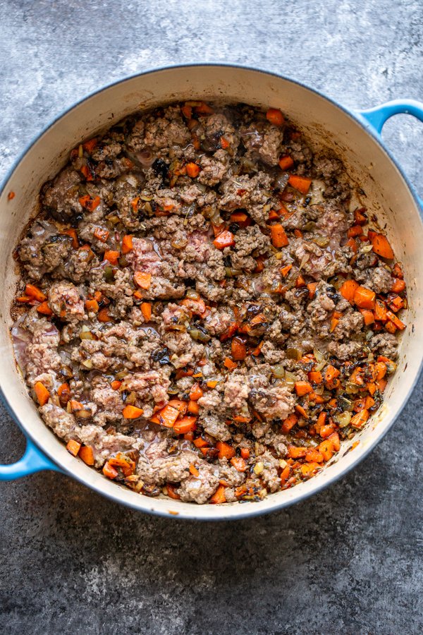 meat and vegetables in a pot