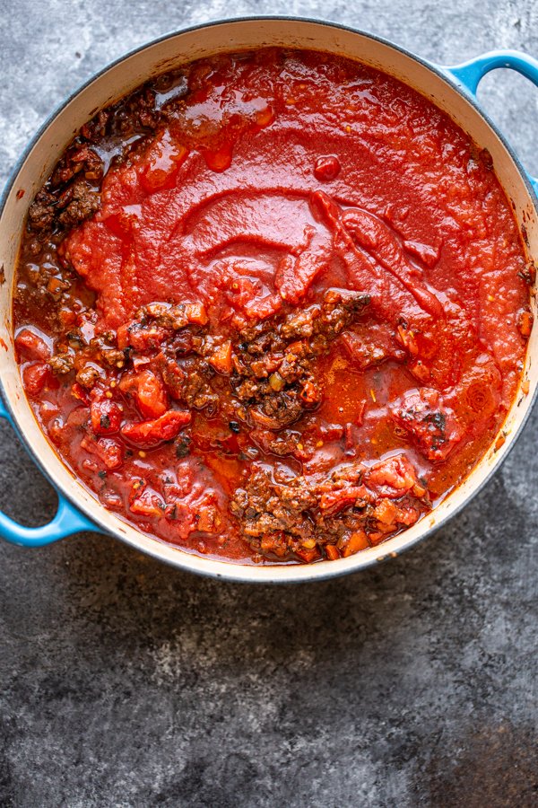 meat sauce ingredients in a pot