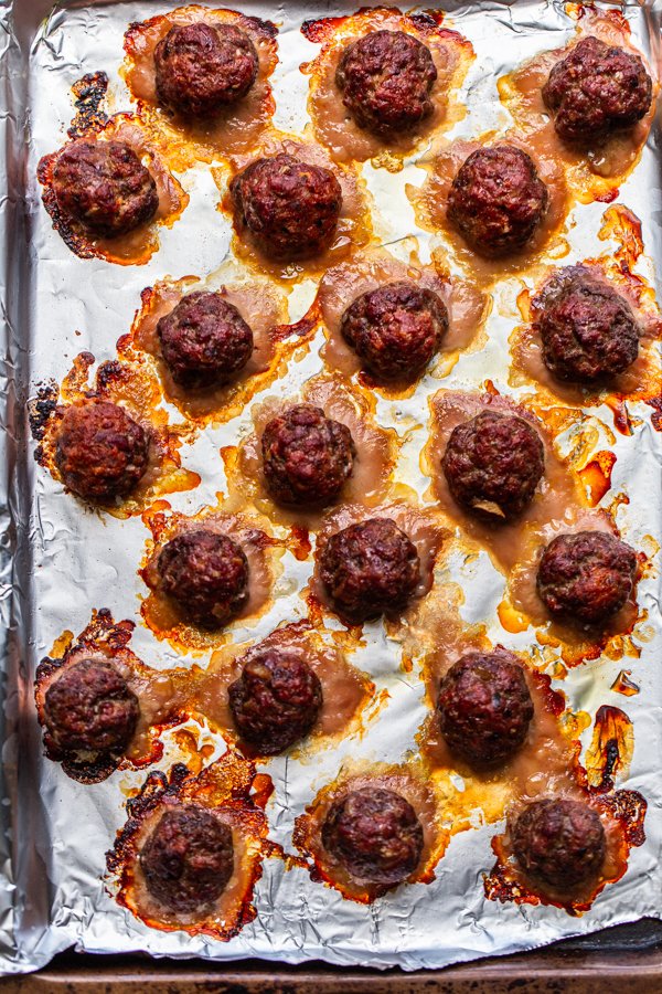 smoked meatballs on a baking sheet