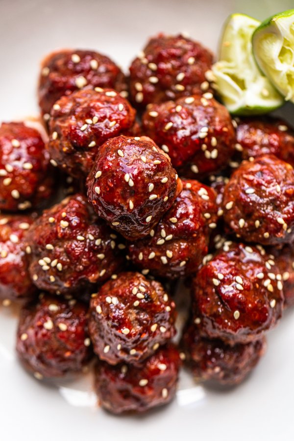 meatballs with sesame seeds and a glaze