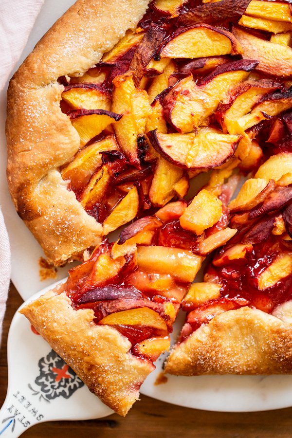 peach galette with slice cut out