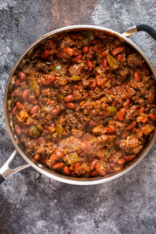 enchilada filling with venison in a skillet