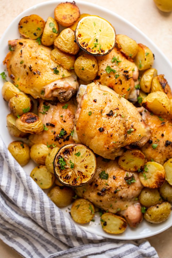 Lemony Sheet Pan Chicken and Potato Bake | White Wine Butter Sauce