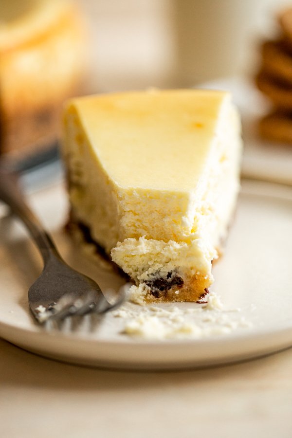 chocolate chip cookie crust cheesecake slice on a white plate