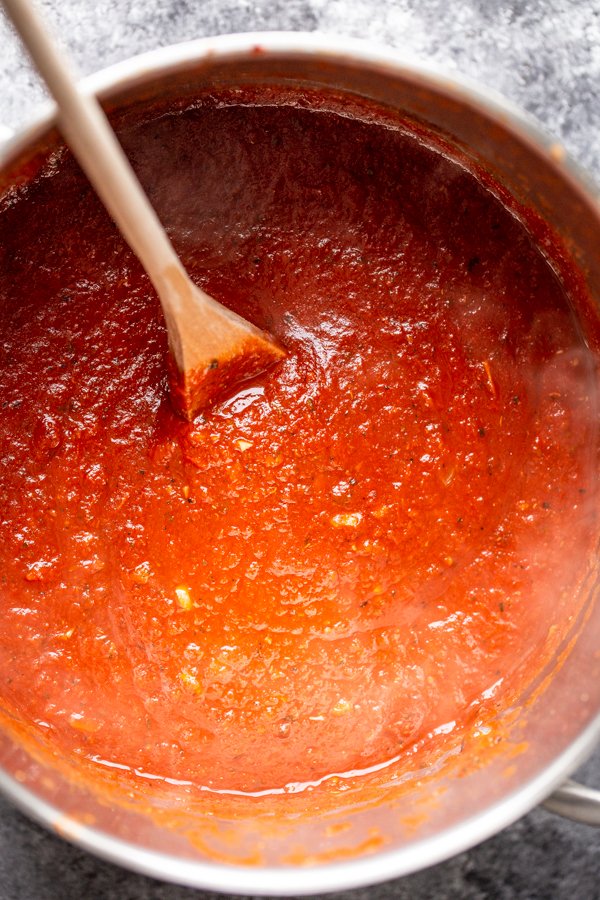 pasta sauce in a large stainless steel pot