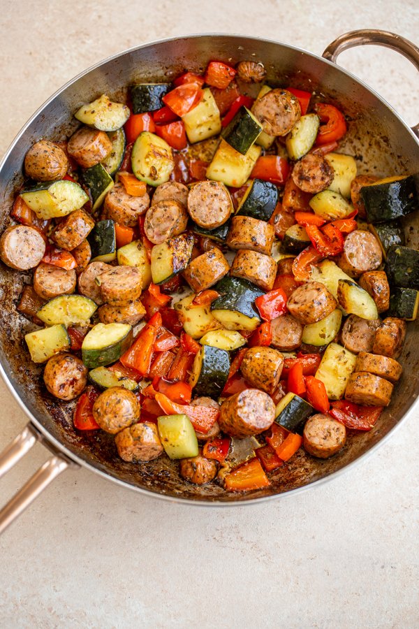 veggie and chicken sausage in a pan
